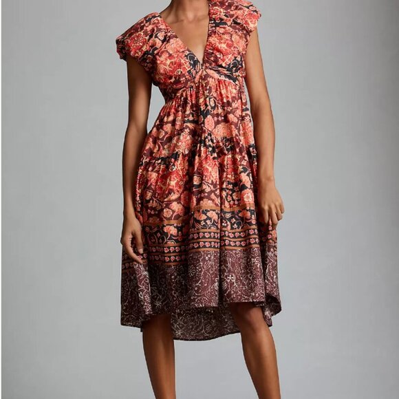 Anthropologie Floral Midi Dress - Orange and Brown - Picture 2 of 12